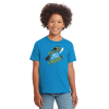 Smiling child modeling a bright blue youth crewneck T-shirt featuring the 2027 “Mysteries Await at Your Library” slogan in yellow and white lettering, surrounded by Laurie Conley’s playful mystery-themed characters, including a detective cat, friendly ghost, and other mysterious figures. Short-sleeved shirt shown with light blue jeans against a white background.