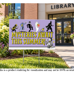Mysteries Await This Summer! outdoor sign displayed on an H-stake in front of a library. The purple and yellow sign features Inspector Whiskers and other mystery-themed characters from the 2027 artwork.