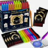 Magical Invisible Ink Pen Set featuring 24 brightly colored pens in a cardboard display box decorated with a secret agent illustration. Includes black “Top Secret” activity cards and a demonstration of hidden writing revealed under ultraviolet light.