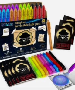 Magical Invisible Ink Pen Set featuring 24 brightly colored pens in a cardboard display box decorated with a secret agent illustration. Includes black “Top Secret” activity cards and a demonstration of hidden writing revealed under ultraviolet light.