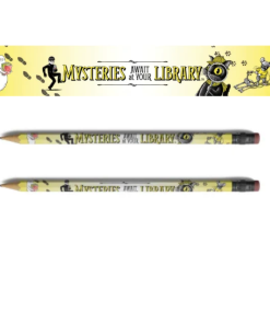 Yellow Mysteries Await at Your Library pencils featuring Inspector Whiskers, Nibbleton Finch, a friendly ghost, footprints, and other mystery-themed artwork.