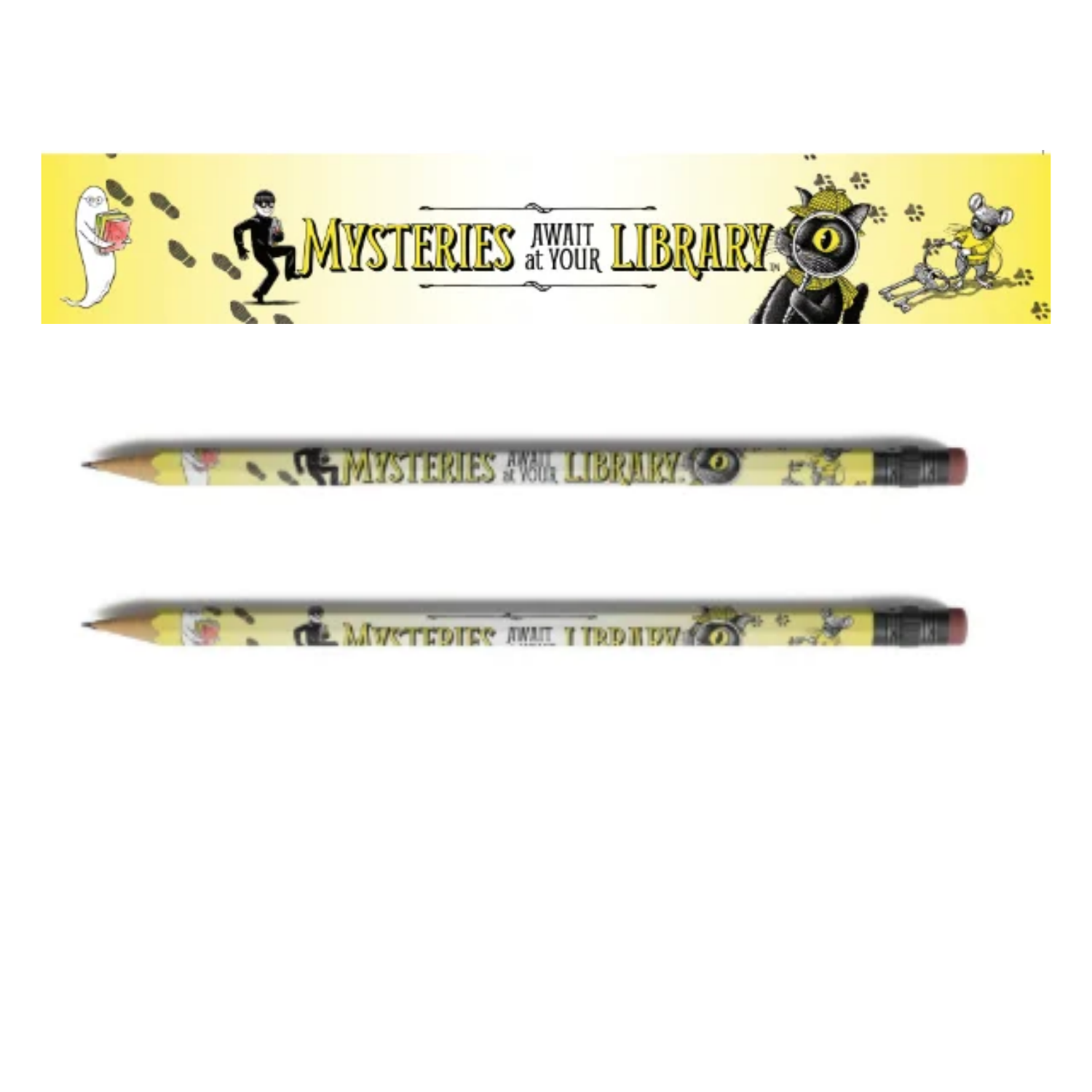 Yellow Mysteries Await at Your Library pencils featuring Inspector Whiskers, Nibbleton Finch, a friendly ghost, footprints, and other mystery-themed artwork.