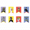 Set of eight detective-themed pennant banner flags: a cat with a magnifying glass, a ghost holding books, a masked mouse, a burglar with books, a person with keys, a top-hatted gentleman, a skull in a detective cap, and a flag reading "Mysteries Await at Your Library."
