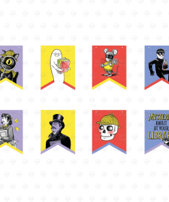 Set of eight detective-themed pennant banner flags: a cat with a magnifying glass, a ghost holding books, a masked mouse, a burglar with books, a person with keys, a top-hatted gentleman, a skull in a detective cap, and a flag reading "Mysteries Await at Your Library."