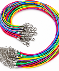 Bulk assortment of brightly colored necklace cords in red, pink, purple, blue, green, yellow, and orange, arranged in a curved bundle. Each cord features silver-tone metal end caps, lobster clasps, and extension chains for adjustable sizing. Shown against a clean white background.