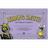 "Reading Sleuth" certificate with blank lines for name, library, and date, decorated with a detective cat holding a magnifying glass and a masked mouse holding a key