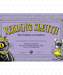 "Reading Sleuth" certificate with blank lines for name, library, and date, decorated with a detective cat holding a magnifying glass and a masked mouse holding a key