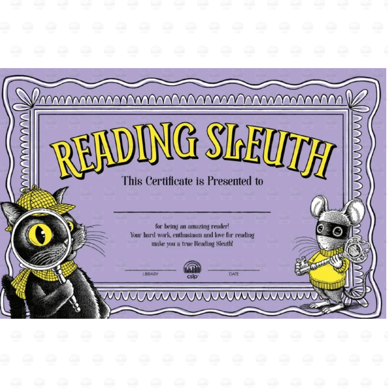 "Reading Sleuth" certificate with blank lines for name, library, and date, decorated with a detective cat holding a magnifying glass and a masked mouse holding a key