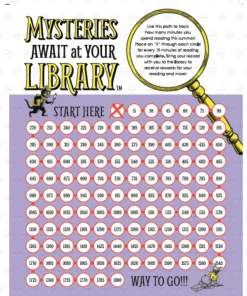 Front of reluctant reader tracker featuring text that reads "Mysteries Await at Your Library" and a winding path of numbered circles from 15 minutes up to 1800, marked with an X for every 15 minutes read, with a detective cat and mouse