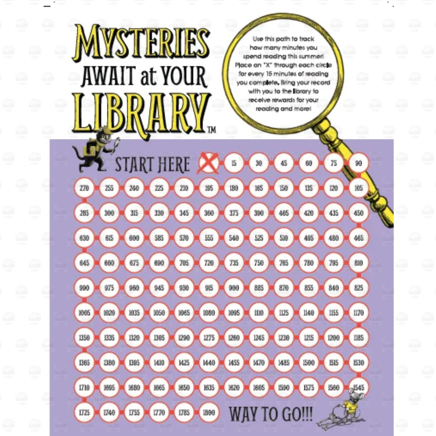 Front of reluctant reader tracker featuring text that reads "Mysteries Await at Your Library" and a winding path of numbered circles from 15 minutes up to 1800, marked with an X for every 15 minutes read, with a detective cat and mouse