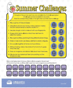Back of reluctant reader tracker with 10 numbered reading challenges worth 10 points each, plus twenty 25-point boxes to mark for library programs attended, decorated with a book-carrying ghost and the heading "Summer Challenges" in yellow