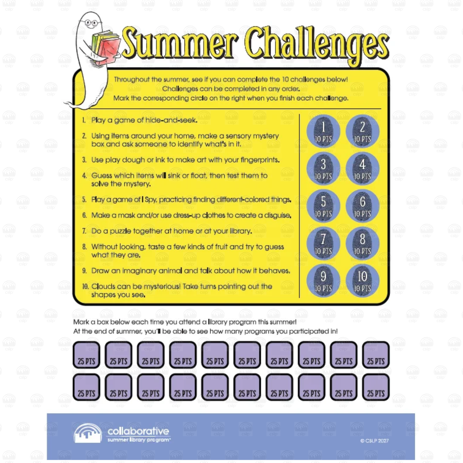 Back of reluctant reader tracker with 10 numbered reading challenges worth 10 points each, plus twenty 25-point boxes to mark for library programs attended, decorated with a book-carrying ghost and the heading "Summer Challenges" in yellow