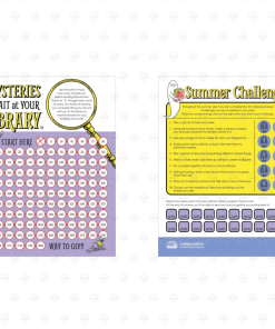 On the left: Front of reluctant reader tracker featuring text that reads "Mysteries Await at Your Library" and a winding path of numbered circles from 15 minutes up to 1800, marked with an X for every 15 minutes read, with a detective cat and mouse. On the right: Back of reluctant reader tracker with 10 numbered reading challenges worth 10 points each, plus twenty 25-point boxes to mark for library programs attended, decorated with a book-carrying ghost and the heading "Summer Challenges" in yellow