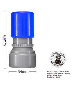 Blue and gray self-inking rubber stamp featuring a circular “Mysteries Await at Your Library” design with Inspector Whiskers looking through a magnifying glass.