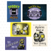 Set of five Mysteries Await at Your Library postcards featuring Laurie Conley’s illustrations. Designs include “Spooky Story Club” with mysterious eyes peeking from bookshelves; “Read After Dark” with friendly ghosts floating around a moonlit library; Nibbleton Finch reading by candlelight; “The Librarian Did It!” featuring Inspector Whiskers with a magnifying glass; and a cozy reading chair beside a lamp and books with the official 2027 summer reading slogan.