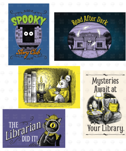 Set of five Mysteries Await at Your Library postcards featuring Laurie Conley’s illustrations. Designs include “Spooky Story Club” with mysterious eyes peeking from bookshelves; “Read After Dark” with friendly ghosts floating around a moonlit library; Nibbleton Finch reading by candlelight; “The Librarian Did It!” featuring Inspector Whiskers with a magnifying glass; and a cozy reading chair beside a lamp and books with the official 2027 summer reading slogan.