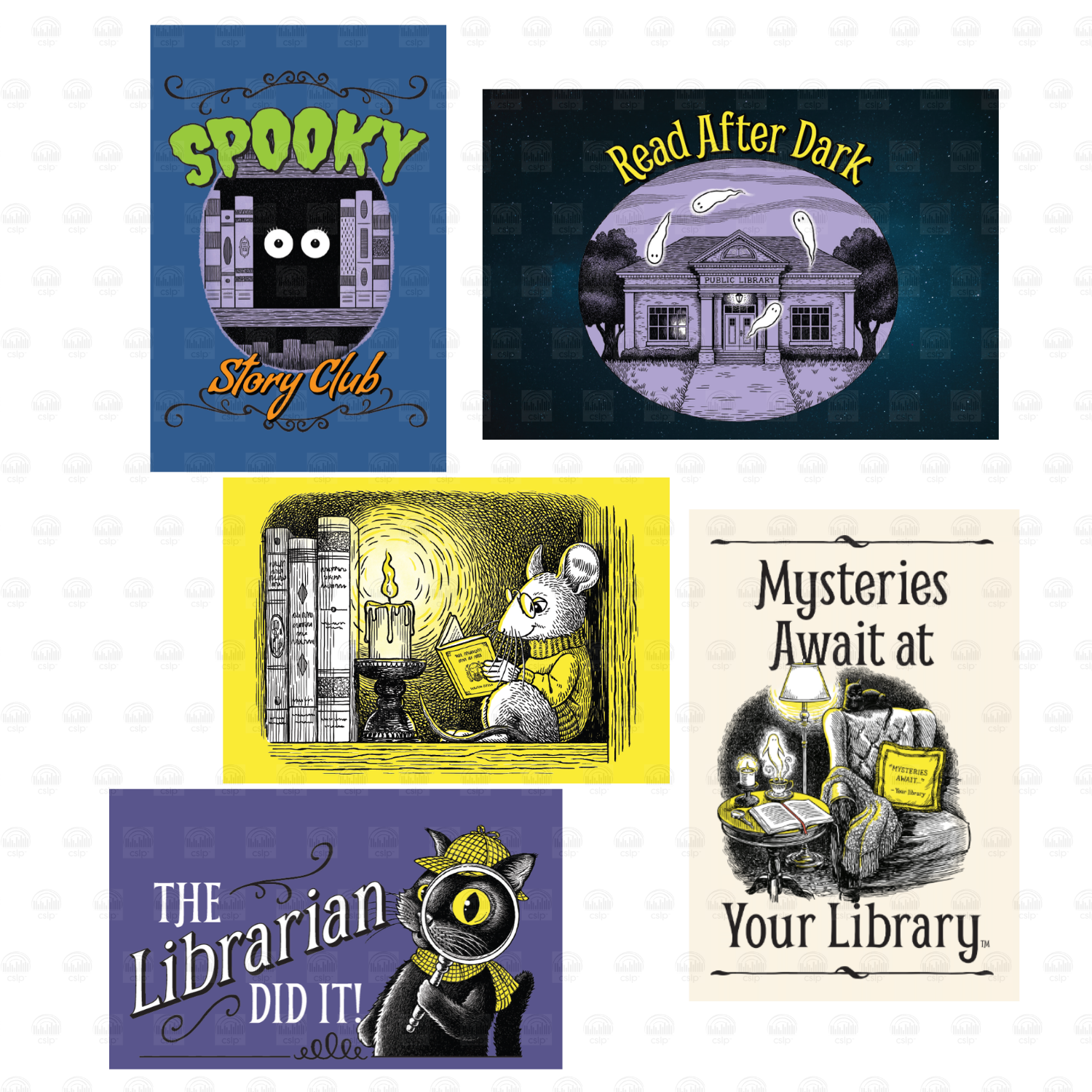 Set of five Mysteries Await at Your Library postcards featuring Laurie Conley’s illustrations. Designs include “Spooky Story Club” with mysterious eyes peeking from bookshelves; “Read After Dark” with friendly ghosts floating around a moonlit library; Nibbleton Finch reading by candlelight; “The Librarian Did It!” featuring Inspector Whiskers with a magnifying glass; and a cozy reading chair beside a lamp and books with the official 2027 summer reading slogan.