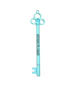 Metallic blue plastic pen shaped like an ornate skeleton key, featuring a decorative three-loop handle and the black printed slogan “Mysteries Await at Your Library” along the barrel.