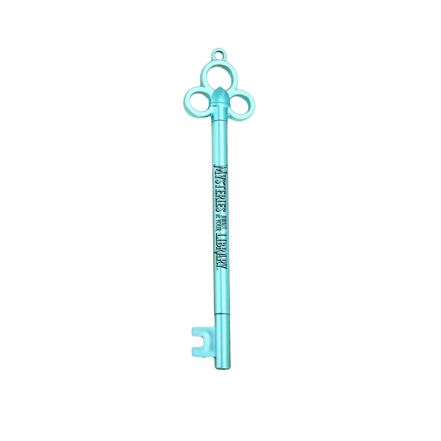 Metallic blue plastic pen shaped like an ornate skeleton key, featuring a decorative three-loop handle and the black printed slogan “Mysteries Await at Your Library” along the barrel.