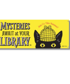 Image of a vinyl banner with our black cat detective in a deerstalker hat with the slogan next to it.