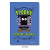 Front cover of the 2027 “Spooky Story Club Reading Journal” featuring a blue background with lime green and orange lettering. A pair of mysterious white eyes peers out from a dark opening between library bookshelves. Decorative black spiderwebs, curling flourishes, and a dangling spider add a spooky touch to the design.