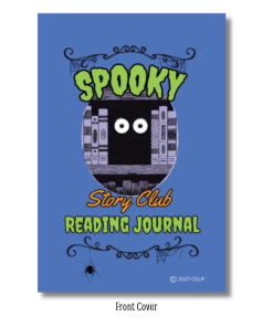 Front cover of the 2027 “Spooky Story Club Reading Journal” featuring a blue background with lime green and orange lettering. A pair of mysterious white eyes peers out from a dark opening between library bookshelves. Decorative black spiderwebs, curling flourishes, and a dangling spider add a spooky touch to the design.