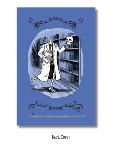 Back cover of the 2027 Spooky Story Club Reading Journal featuring Laurie Conley’s black-and-white illustration of a headless skeleton wearing a long coat and carrying a book while holding a skull aloft in a mysterious library. The artwork appears on a blue background framed by decorative black flourishes and spiderwebs, creating a playful, spooky atmosphere.