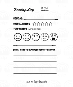 Interior reading log page from the 2027 Spooky Story Club Reading Journal. The black-and-white page includes spaces to record a book title, start and finish dates, a five-star overall rating, and a “Fear Factor” rating using five expressive faces ranging from happy to terrified. Lined spaces at the bottom invite readers to write what they want to remember about the book.