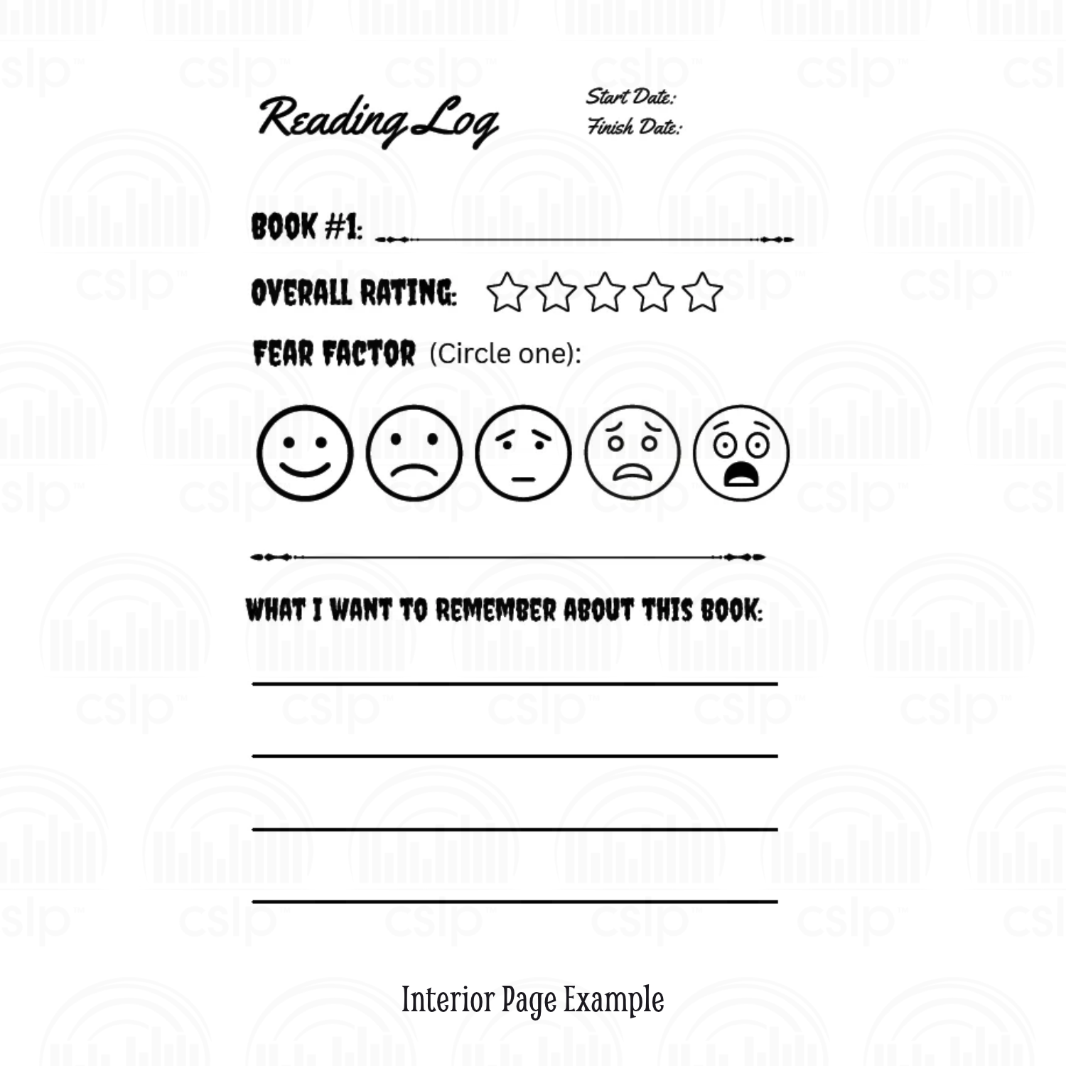 Interior reading log page from the 2027 Spooky Story Club Reading Journal. The black-and-white page includes spaces to record a book title, start and finish dates, a five-star overall rating, and a “Fear Factor” rating using five expressive faces ranging from happy to terrified. Lined spaces at the bottom invite readers to write what they want to remember about the book.