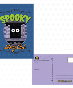Postcard design featuring the words “Spooky Story Club” in bright green and orange lettering against a blue background. Mysterious white eyes peek from between books on a dark bookshelf. The orange reverse includes Inspector Whiskers peeking over a reading update section, writing lines, a postage stamp box, and the Mysteries Await at Your Library slogan.