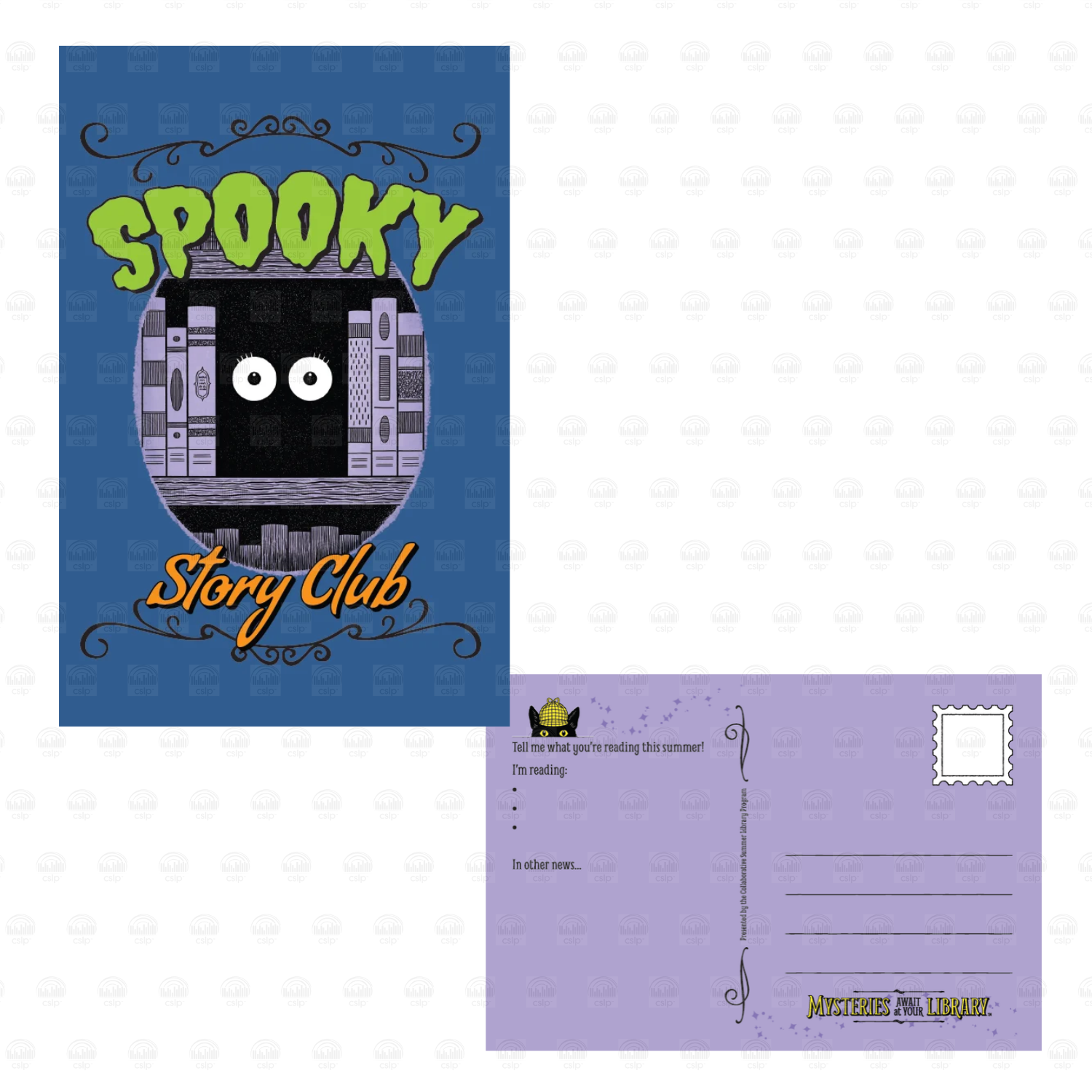 Postcard design featuring the words “Spooky Story Club” in bright green and orange lettering against a blue background. Mysterious white eyes peek from between books on a dark bookshelf. The orange reverse includes Inspector Whiskers peeking over a reading update section, writing lines, a postage stamp box, and the Mysteries Await at Your Library slogan.