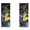 "Mysteries Await at Your Library" bookmark, English on the front and Spanish "Misterios Te Esperan En Tu Biblioteca" on the back, showing kids shining a flashlight in a dark library on a portrait of a top-hatted man