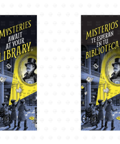 "Mysteries Await at Your Library" bookmark, English on the front and Spanish "Misterios Te Esperan En Tu Biblioteca" on the back, showing kids shining a flashlight in a dark library on a portrait of a top-hatted man