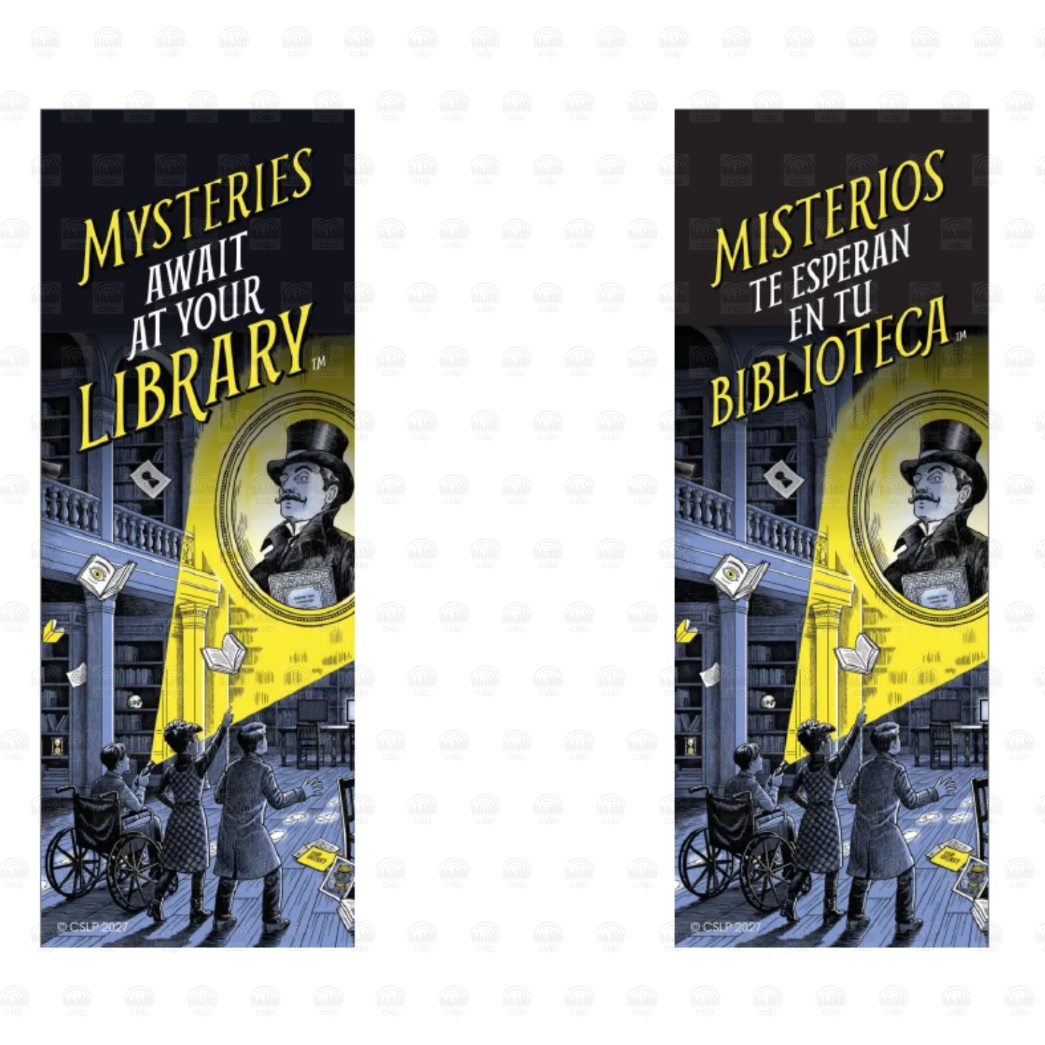 "Mysteries Await at Your Library" bookmark, English on the front and Spanish "Misterios Te Esperan En Tu Biblioteca" on the back, showing kids shining a flashlight in a dark library on a portrait of a top-hatted man