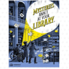 "Mysteries Await at Your Library" poster with three kids, one using a wheelchair, shining a flashlight beam up into a dark two-story library filled with bookshelves and floating books and papers