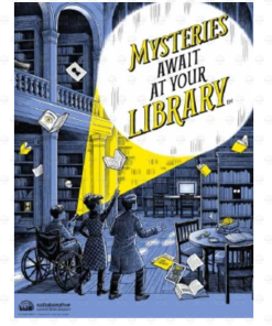 "Mysteries Await at Your Library" poster with three kids, one using a wheelchair, shining a flashlight beam up into a dark two-story library filled with bookshelves and floating books and papers
