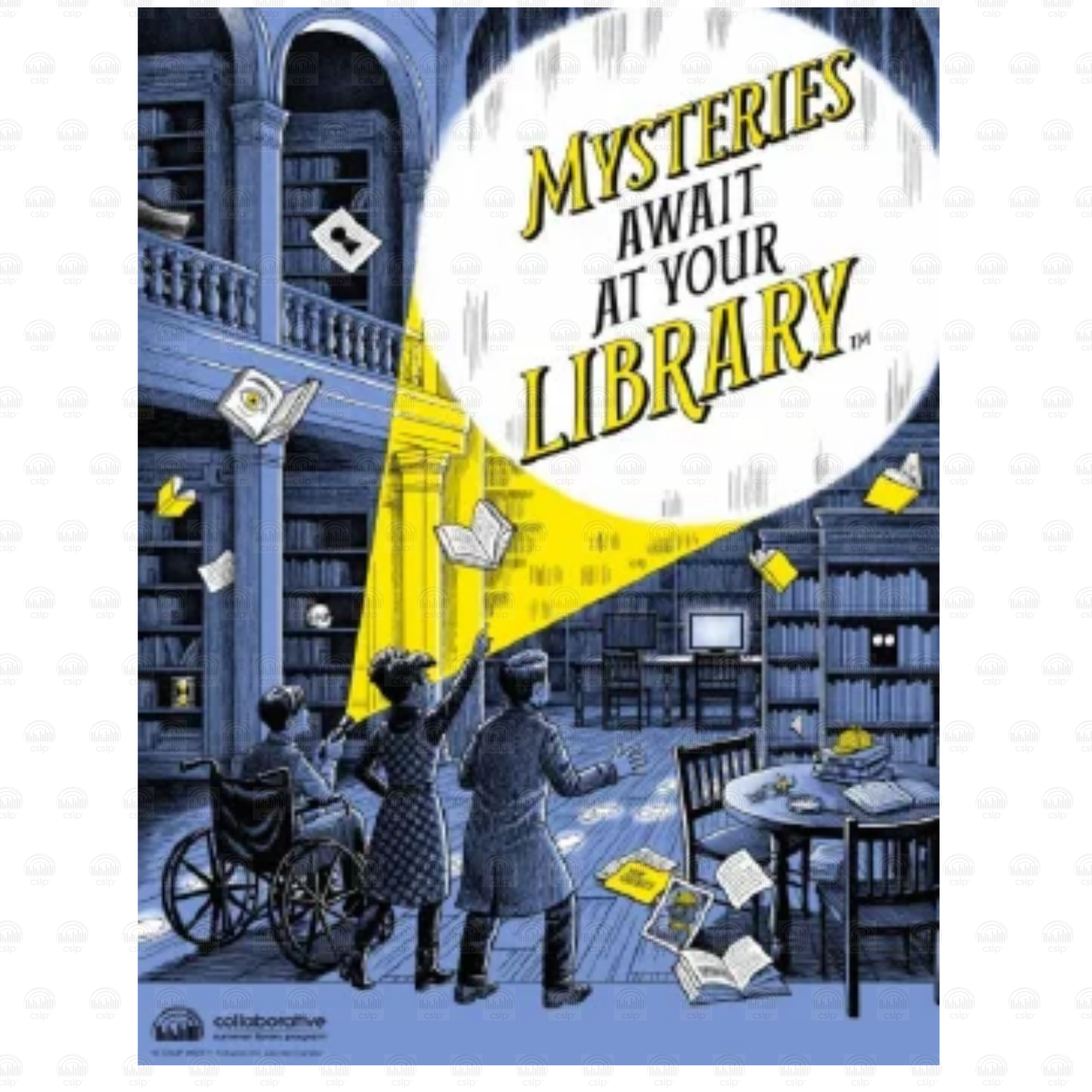 "Mysteries Await at Your Library" poster with three kids, one using a wheelchair, shining a flashlight beam up into a dark two-story library filled with bookshelves and floating books and papers