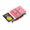 Children's spy kit featuring a black “Confidential Spy Notebook” labeled “Top Secret,” an open pink notebook with a blue pen, and black spy glasses with red lenses, displayed against a white background.