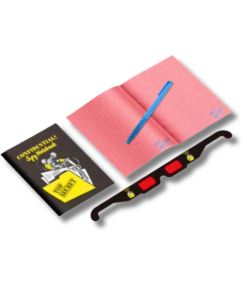 Children's spy kit featuring a black “Confidential Spy Notebook” labeled “Top Secret,” an open pink notebook with a blue pen, and black spy glasses with red lenses, displayed against a white background.