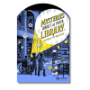 Arched stand-up display featuring Laurie Conley’s 2027 “Mysteries Await at Your Library” artwork. A dramatic yellow spotlight illuminates a mysterious blue-and-black library filled with floating books, hidden clues, and towering bookshelves. Three young detectives, including one using a wheelchair, investigate the scene. The English and Spanish summer reading slogans appear prominently within the spotlight, with the CSLP logo at the bottom.