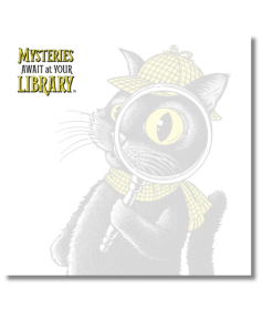 Square white Mysteries Await at Your Library sticky note pad featuring a large, pale illustration of Inspector Whiskers, a black cat detective wearing a yellow checkered hat and scarf, peering through a magnifying glass. The official 2027 summer reading slogan appears in black and yellow lettering in the upper left corner, leaving space for handwritten notes.
