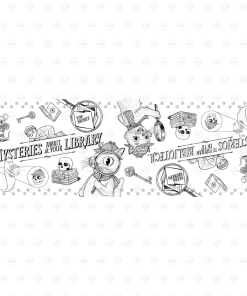 Detective-themed tabletop coloring sheet with the text "Mysteries Await at Your Library" and the Spanish "Misterios Te Esperan En Tu Biblioteca," as well as illustrations of cat, owl, and mouse detectives with magnifying glasses, skulls, keys, books, and secret files.