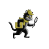 small temporary tattoo of Inspector Whiskers, a black cat detective wearing a yellow hat and scarf and carrying a book and magnifying glass