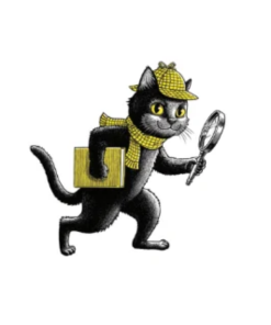 small temporary tattoo of Inspector Whiskers, a black cat detective wearing a yellow hat and scarf and carrying a book and magnifying glass