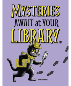 "Mysteries Await at Your Library" reading record cover with a name line and a detective cat in a deerstalker cap holding a magnifying glass and a book, following footprints across a purple background