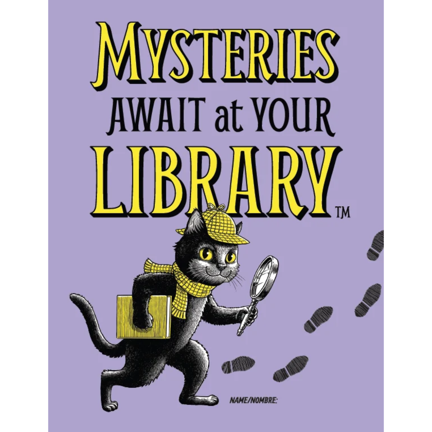 "Mysteries Await at Your Library" reading record cover with a name line and a detective cat in a deerstalker cap holding a magnifying glass and a book, following footprints across a purple background