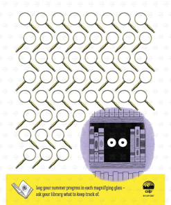 Back of timed reading record with a grid of blank magnifying glasses to log summer reading progress, with mysterious eyes peeking from a bookshelf and instructions to ask your library what to track