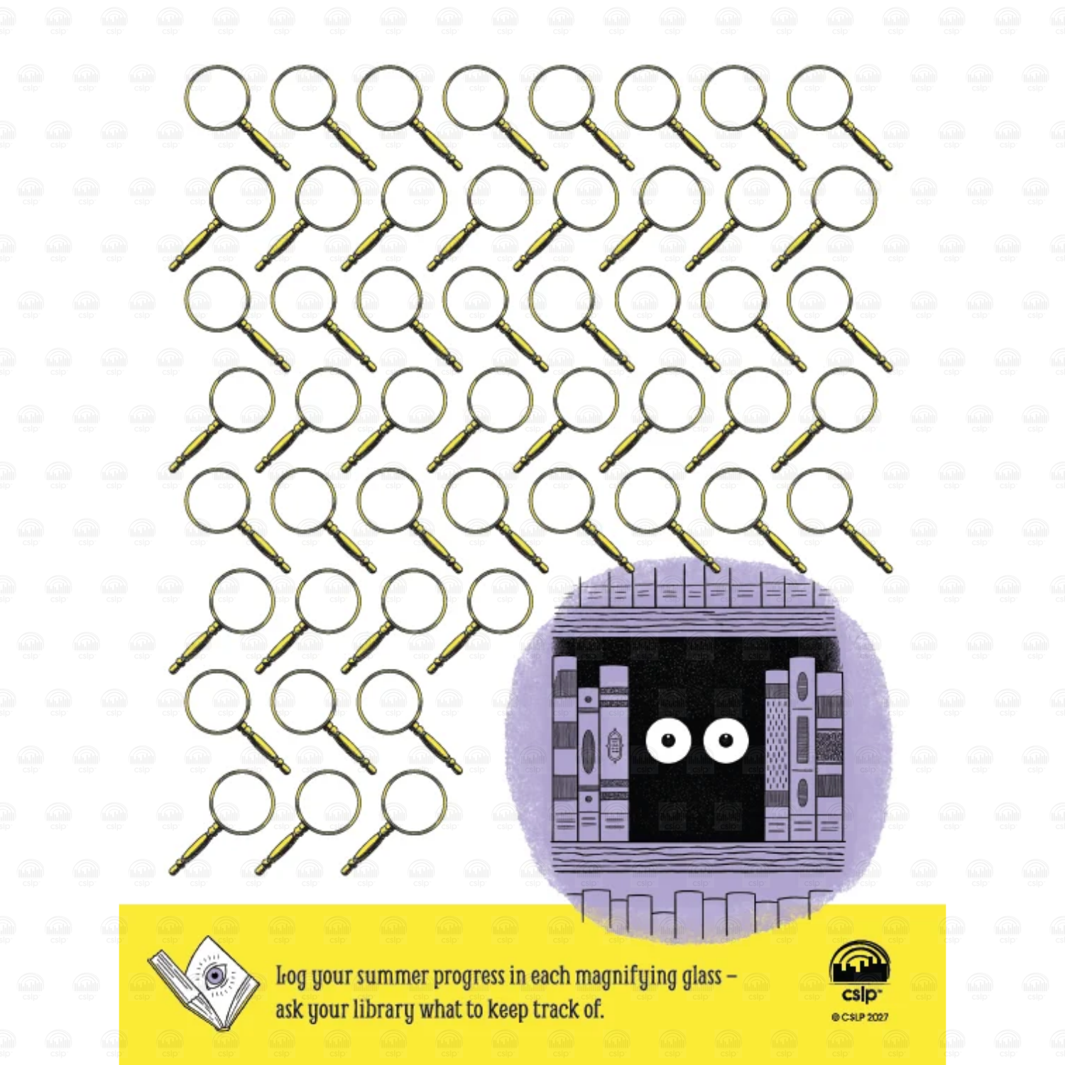 Back of timed reading record with a grid of blank magnifying glasses to log summer reading progress, with mysterious eyes peeking from a bookshelf and instructions to ask your library what to track