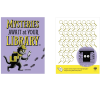 Left: "Mysteries Await at Your Library" reading record cover with a name line and a detective cat in a deerstalker cap holding a magnifying glass and a book, following footprints across a purple background Right: Back of reading record with a grid of blank magnifying glasses to log summer reading progress, with mysterious eyes peeking from a bookshelf and instructions to ask your library what to track