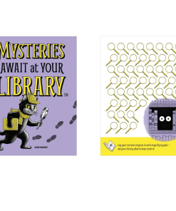 Left: "Mysteries Await at Your Library" reading record cover with a name line and a detective cat in a deerstalker cap holding a magnifying glass and a book, following footprints across a purple background Right: Back of reading record with a grid of blank magnifying glasses to log summer reading progress, with mysterious eyes peeking from a bookshelf and instructions to ask your library what to track